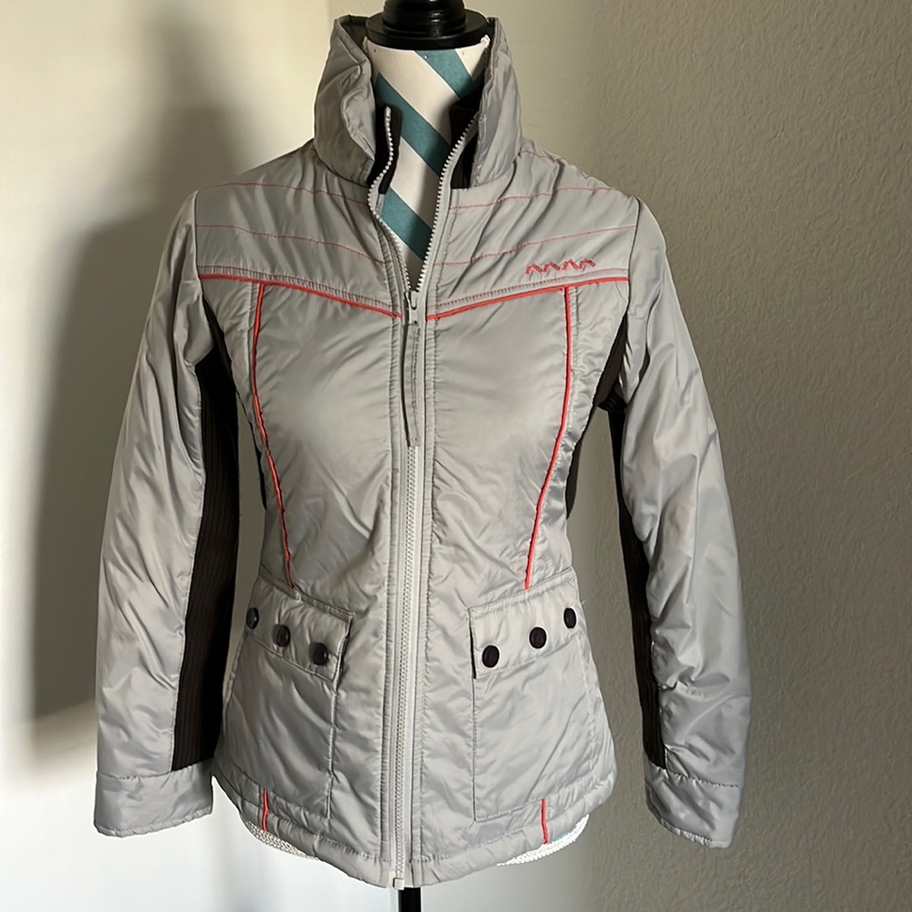 Volcom zip-up nylon jacket w/poly fill, gray w/brown & orange accents, size S